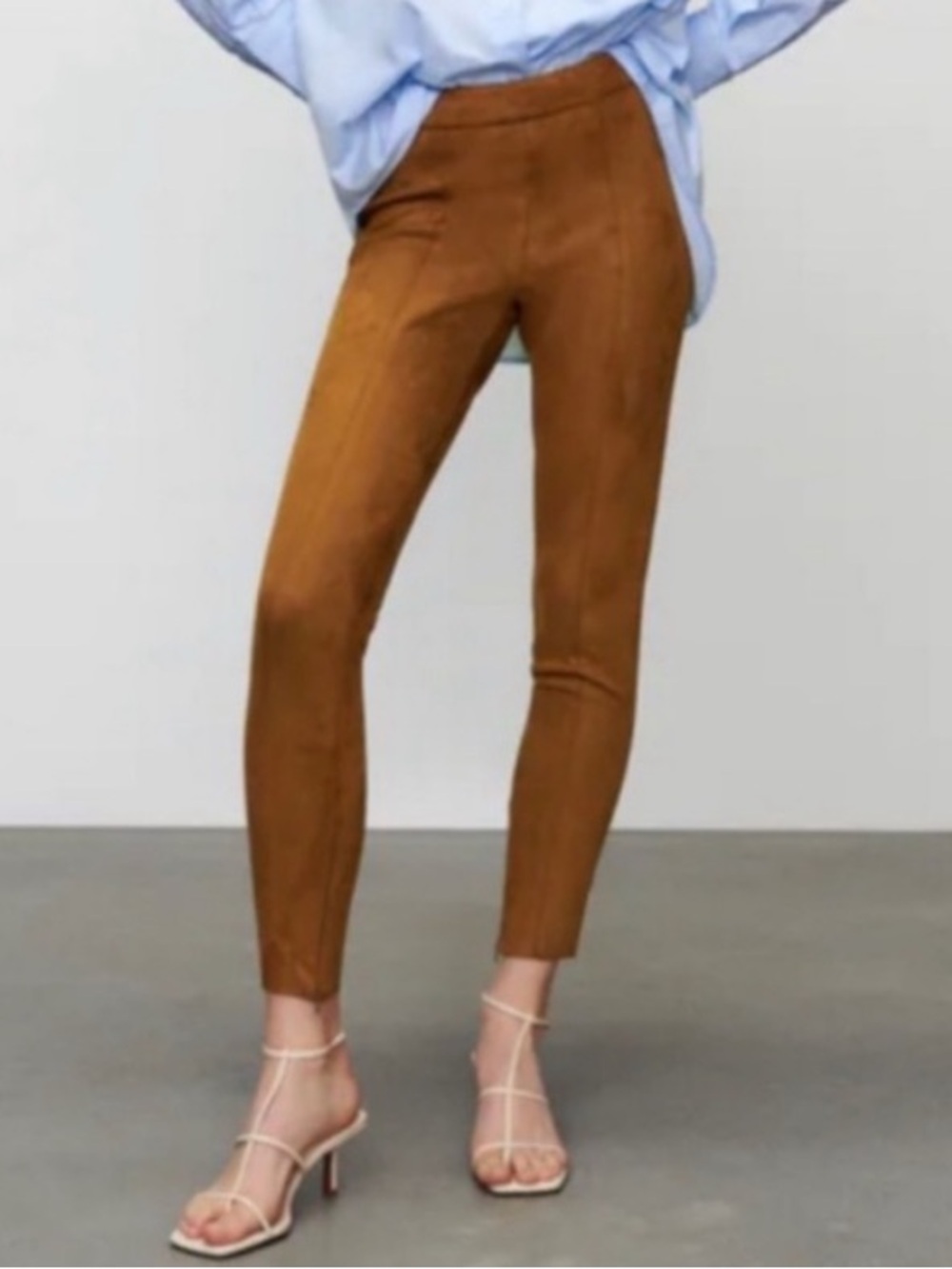 Zara Faux Suede Zip-Hem Pants in Camel Brown